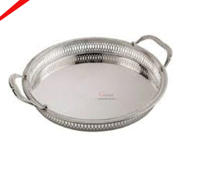 Plateau de service de forme ronde en cuivre avec deux poignées dorées les plus vendues - Product Image 3