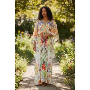 Vestido Largo Estampado Floral para Mujer con Cuello en V, Cintura Natural, Tela Lavable, Ropa Casual de Verano para Vacaciones - Product Image 3