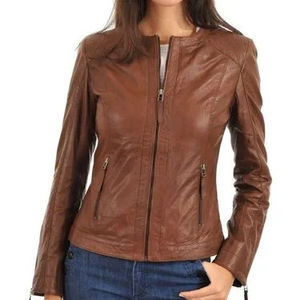 Veste en cuir marron personnalisée pour femmes respirant zippé de haute qualité à la mode style décontracté pour les femmes - Product Image 1