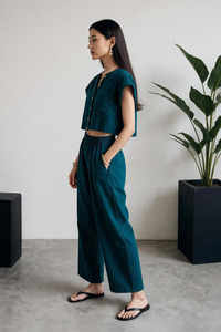 <b>Linen</b> Pajama Set Women's Relaxed Fit Sleeveless <b>Shirt</b> & Straight Pants breathable premium cotton-<b>linen</b> natural blend - Product Image 2