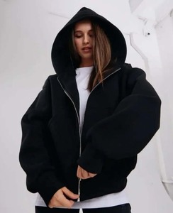 Surdimensionné solide nouveaux sweats à capuche mode femmes automne hiver tricoté à manches longues hauts à capuche décontracté fermeture éclair poche sweats - Product Image 1