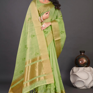 Albaricoque Seis colores a juego Bordado Trabajo Lino Khadi Saree - Product Image 1