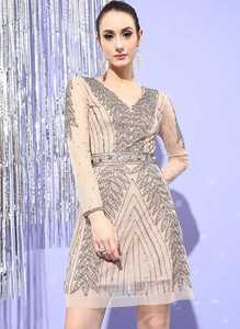 เดรสปาร์ตี้ตอนเย็นคอวีประดับด้วยลูกปัดและเลื่อมความยาวถึงเข่าสั้นสำหรับมื้อเย็นงานค็อกเทลและงานปาร์ตี้ - Product Image 5