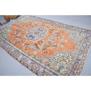 Tapis vintage turc en laine patchwork 6,3x10,1 pieds, avec support en latex écologique, orange et bleu, grand tapis persan - Product Image 1