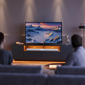 Mobile TV Minimalista Nero con Luci LED Effetto Fluttuante, Centro Intrattenimento Senza Maniglie, Console Multimediale per Arredamento Casa - Product Image 4