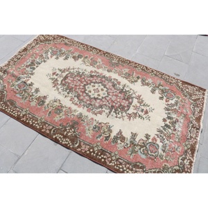 3.7x6.5 ft Vintage Rug, <b>Red</b> Abstract Turkish Rug <b>Wool</b> - Product Image 2