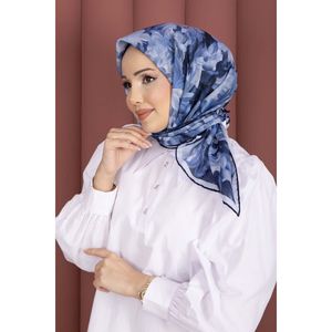 <b>Navy</b> Blue Floral Pattern Silk Square Scarf 90x90 cm for Women - Product Image 3