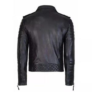 Wholesale Custom Men Solid Black PU <b>Leather</b> <b>Biker</b> <b>Jacket</b> Dual Zipper Quilted Shoulder Coat - Product Image 4