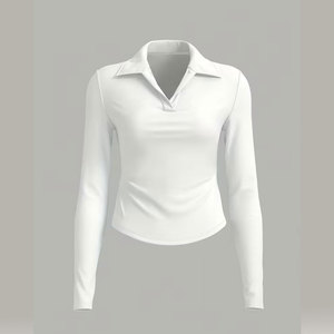 Camisas polo de manga larga ajustadas para mujer, tela elástica cómoda, diseño con cuello en V, ideal para oficina informal y salidas, 2 uds. - Product Image 3