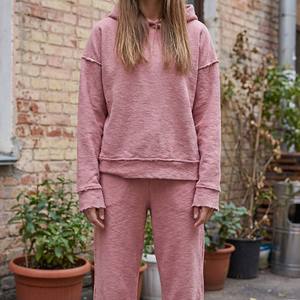 Ensemble sweat-shirt et pantalon oversize en coton texturé rose poudré vintage à bords bruts pour femmes, style bohème streetwear - Product Image 1