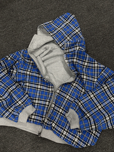 Veste à double fermeture éclair personnalisée, épaules tombantes, motif à carreaux, coupe ample, sweat à capuche double face pour homme, manches longues, coupe ample - Product Image 3