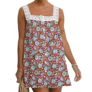 Vestido Bohemio de Verano de Algodón con Encaje, Top de Playa, Estampado Bagru y Encaje, Ropa Hecha a Mano para Mujer, Vestido de Festival de la India - Product Image 5
