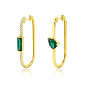 Fashion Jewelry Copper Gold Plated Rectangle Pear Cut Green Stone U Shape Earrings for Women