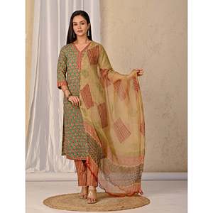 Conjunto de Kurta y Pantalón de Algodón Estampado Butta Block Verde Mar para Niñas, Traje Étnico Estilo Indio Pakistaní para Fiesta, Tela de Red Cosida - Product Image 3