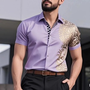 Camisas informales con cuello levantado en 3D, nuevas camisas ajustadas de manga corta, camisas 100% de algodón transpirables personalizadas para hombres - Product Image 5