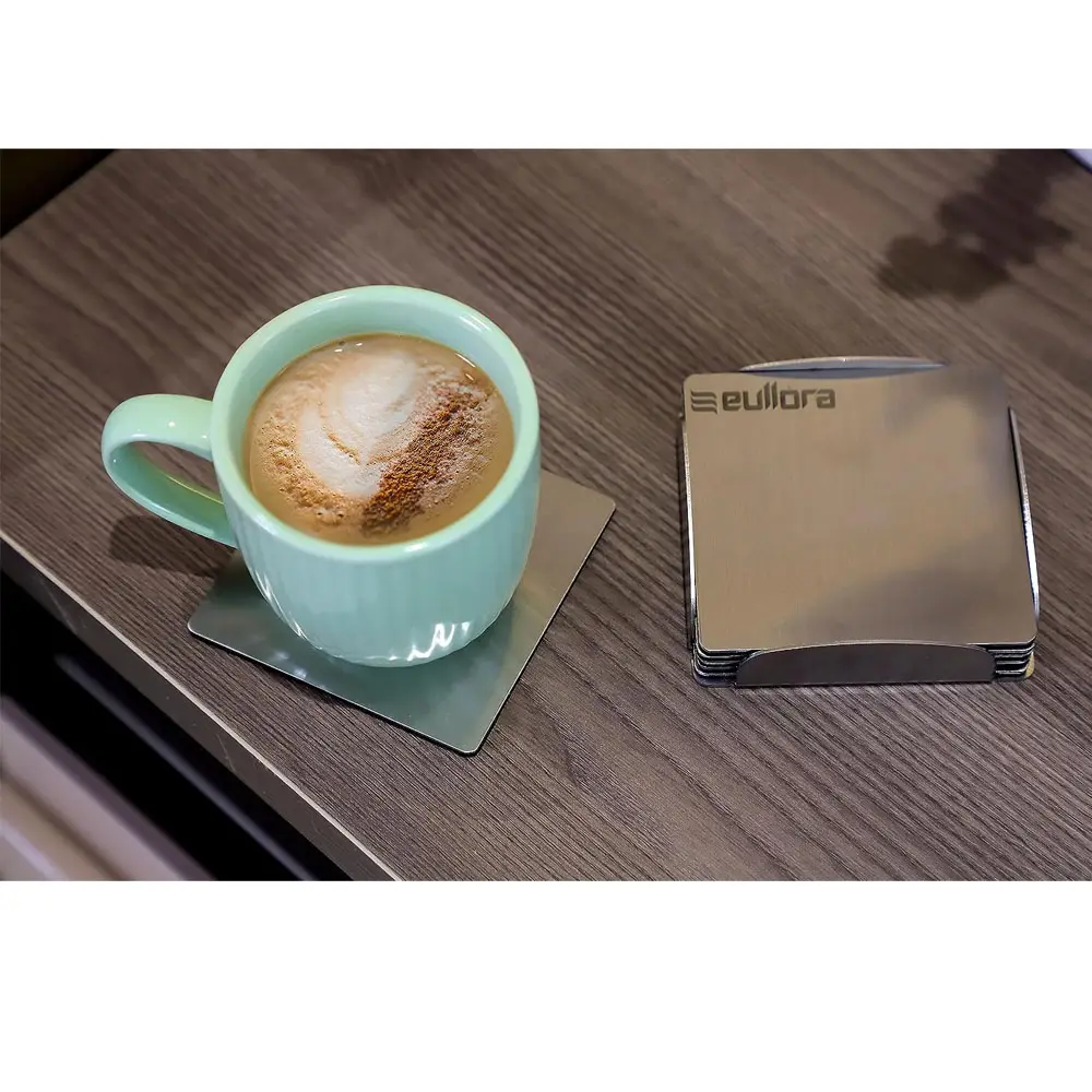 Eullora Stainless Steel Square Coaster- Set of 6 Pieces-Silver-Matt Finish- Coasters for Tea Cups-Coffee Mugs-Glasses