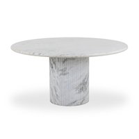 Table de salle à manger de cuisine au design nordique italien, finition laquée en marbre blanc, base de piédestal ronde à texture lourde, aspect linéaire