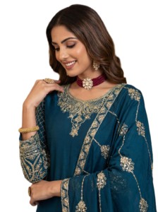 Elegant Dark Blue <b>Silk</b> Salwar Kameez With Gold Embroidery Traditional Pakistani Designer Stitched Suit Floor-Length Women's Wear - Product Image 2