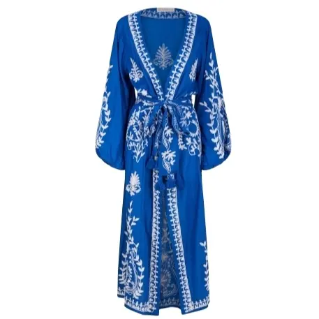 Ultimo design avvolgente kimono lungo estivo da spiaggia a manica lunga lungo lungo taglio posteriore a mano ricamato da donna lavoro bikini copri kimono