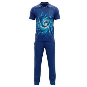 ชุดยูนิฟอร์มคริกเก็ตแบบสั่งทำสำหรับผู้ชาย พร้อมกางเกงขายส่ง สีน้ำเงินรอยัล ลายกราฟิกวนวนวนสีฟ้าอมเขียว - Product Image 1