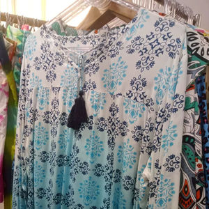 Azul Ombre étnico Floral estampado túnica borla corbata cuello manga larga Casual verano blusa Vintage leopardo ropa de playa para vacaciones - Product Image 1