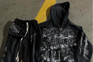 Ensemble de jogging à capuche vintage délavé à l'acide pour hommes survêtements d'hiver grande taille Zip Flare DTG imprimé strass pantalons de survêtement respirants - Product Image 3