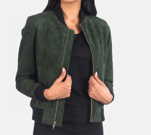 Blouson Bomber en Daim Vert pour Femme, Décontracté, Fermeture Éclair Avant, Coupe Ajustée, Vêtement d'Extérieur Automne, Couleur Unie, Col Rabattu, Manches Classiques - Product Image 1