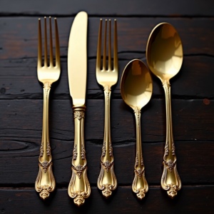Ensemble de couverts de luxe en acier inoxydable plaqué or ensemble de couverts de 4 pièces avec fourchette, couteau, cuillère de portabilité au design vintage élégant - Product Image 5