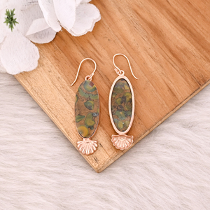 Pendientes de latón hechos a mano estilo clásico con colgante de piedra preciosa de jaspe frutal, chapado en oro rosa, diseño de diseñador para mujer, para aniversario - Product Image 4