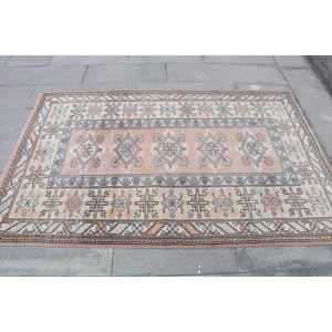 Vintage 4.2x6.3 ft Rug, Turkish Rug, <b>Brown</b> Striped Rug <b>Wool</b> - Product Image 4