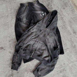 Ensemble sweat à capuche et pantalon de survêtement zippés de style personnalisé avec patch de détresse et lavage à l'acide Survêtement évasé pour hommes - Product Image 4