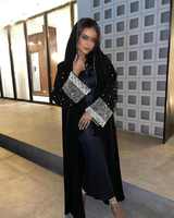 Ensemble Abaya pour femmes musulmanes, coupe droite, simple et modeste, anti-plis, noir, longueur ras du sol, orné de perles, de paillettes et de cristaux, idéal pour les soirées et occasions formelles - Meilleures ventes