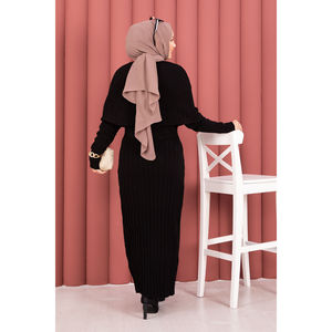 Ensemble robe en tricot avec détails boutonnés, style imprimé décontracté, saison automne, tissage au crochet, couleur noire - Product Image 6