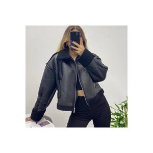 เสื้อแจ็กเก็ตหนังเทียมสำหรับนักขี่จักรยานผ้ากำมะหยี่ลายทางสีดำสำหรับผู้หญิง