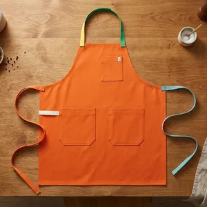 Orange Sleeveless Bib <b>Apron</b> with Multiple Pockets <b>Canvas</b> Woven Heavy Duty Reusable Simple Style for Cooking Daily Use - Product Image 1
