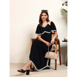 Deebaco Women's Black Solid <b>Maxi</b> Dress With <b>White</b> Contrast Binding V-Neck Cap Sleeve Loose Fit Casual Summer Style Dress - Product Image 1