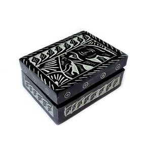 Stone Soapstone Black Handmade Hand Carved Elephant design Tinket Box with Lid Jewellery Box Carving Inlay for Cream Balm