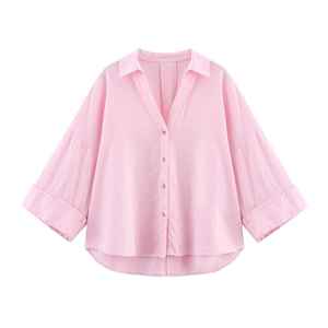 Blusa corta informal de verano de manga larga para mujer, patrón sólido con cordones y decoración de botones, longitud corta - Product Image 1