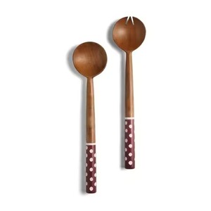 Ensemble de service à salade en bois d'acacia, cuillère et fourchette pour salade, soupe, fruits épicés, outils de mélange, poignée imprimée en émail - Product Image 1