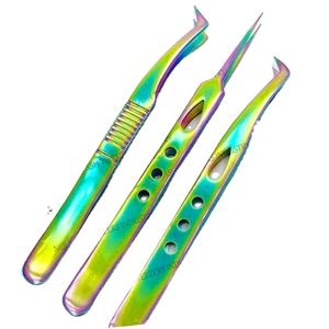 Pince à épiler à pointe en fibre pour extensions de cils, 90 degrés, couleur arc-en-ciel, pour volume, marque privée - Product Image 1