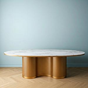 Elegante mesa de comedor ovalada de oro blanco aspecto de mármol superior moderno para el hogar Hotel escuela Villa Hospital patio entrada muebles - Product Image 1