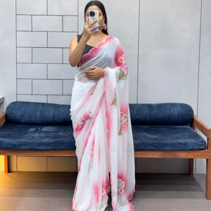 Sari impreso a mano floral tradicional de piel sintética suave con corte Dana Work para todos los eventos - Product Image 1