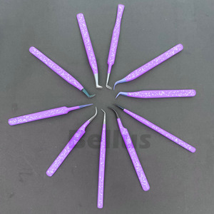 Juego de pinzas de extensión de pestañas moradas moteadas, pinzas de Punta curva de bota de volumen de marca personalizada, suministro directo de fábrica, Etiqueta Privada - Product Image 2