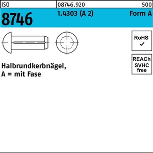 Half-Round Grooved <b>Nails</b> ISO 8746 Chamfer 6x10mm 1.4303 (A2) 100-Piece Pack - Product Image 1
