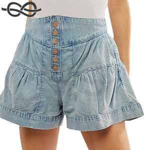 Pantalones cortos de mezclilla de cintura alta para mujer, bonitos pantalones cortos vaqueros plisados elásticos con dobladillo con volantes, informales, de verano - Product Image 4