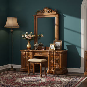 Royal Sustainable Durable European Style Handmade Carved Teak Wood <b>Vanity</b> Table with Mirror and Dressing <b>Stool</b> for Bedroom - Product Image 6