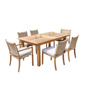 Modern Solid Teak Wood Dining Table <b>Set</b> With Rattan Chairs 6 Seater Indoor Outdoor <b>Restaurant</b> Furniture Contemporary Design - Product Image 2
