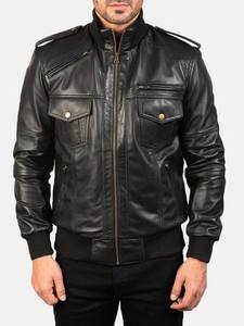 Chaqueta de Cuero Negra Estilo Bomber para Hombre, Marca Agent Shadow, Piel de Oveja Premium, Estilo Urbano, Casual, Ribete de Punto Acanalado, Corte Ajustado, 100g de Cuero Genuino - Product Image 3