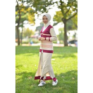 Vestido Casual Largo de Punto con Detalle de Botones y Patrón a Rayas Crochet - Product Image 2