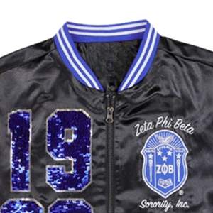 Zeta phi Beta sorority sequin แจ็คเก็ตสีดำสีฟ้า1920เครื่องแต่งกายชีวิตกรีกที่กำหนดเองปัก zpb Glitter VARSITY BOMBER PARTY - Product Image 5
